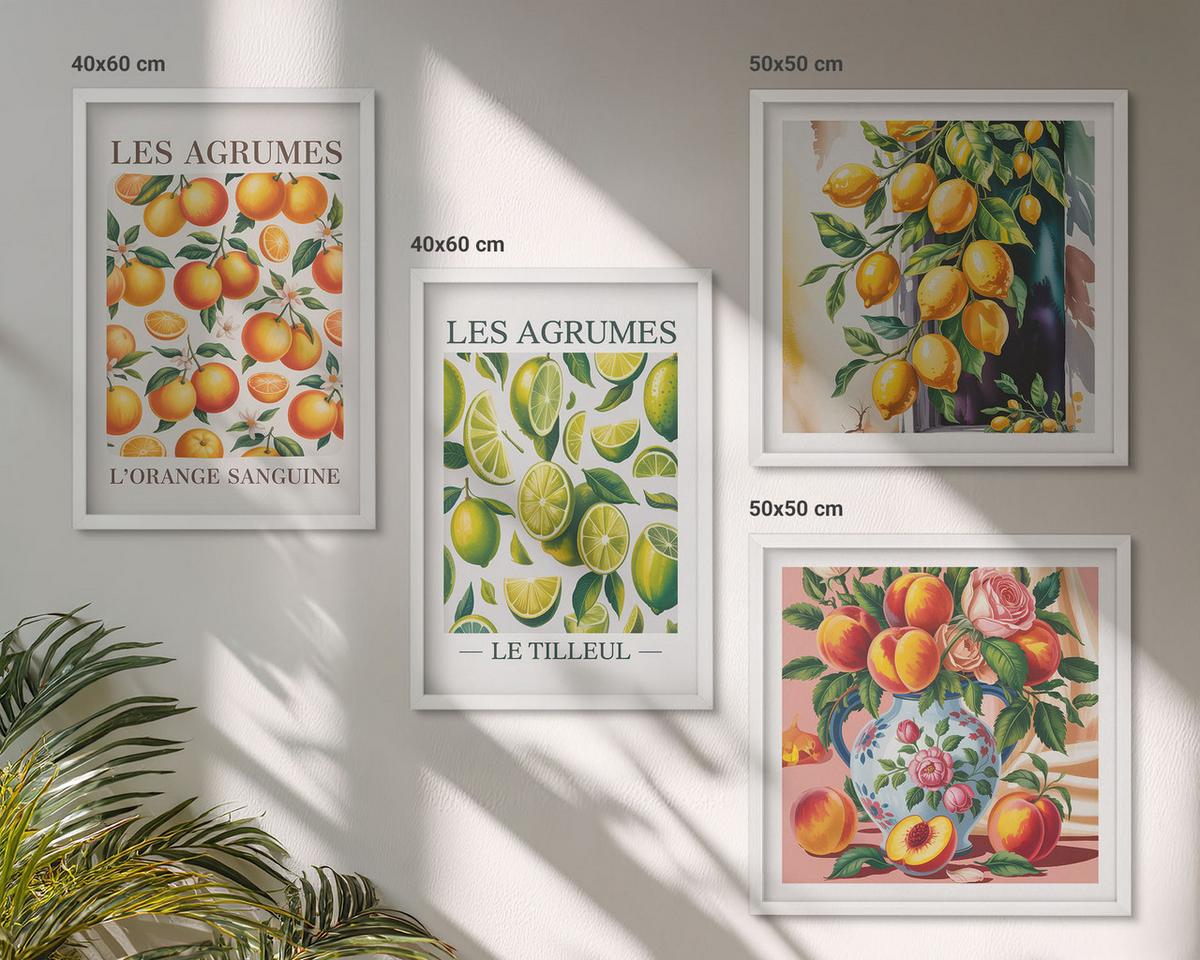 BILDER SET 4er Set - 50x50 cm & 40x60 cm Weißer Rahmen - Frische, farbenfrohe Zitrusfrüchte - Weiß, Kunststoff (50/50cm) - TULUP