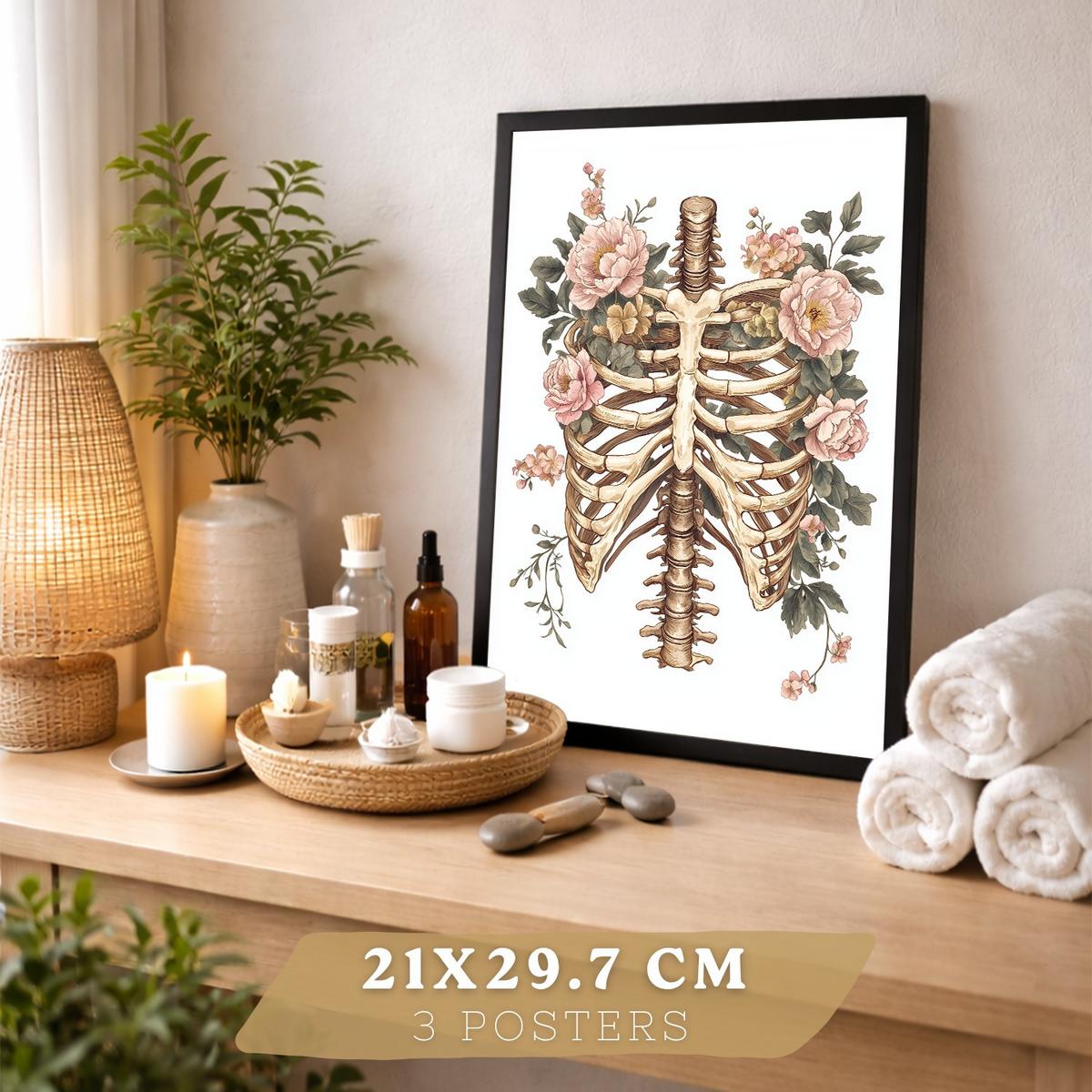 POSTER Set aus 3 Anatomie Mensch Florale Drucke und Wandbilder mit Herz Schädel und Brustkorb Weicher Vintage Stil Größe Schwarzer Rahmen A4 - Schwarz, Papier (21/29.7/3cm) - Nacnic