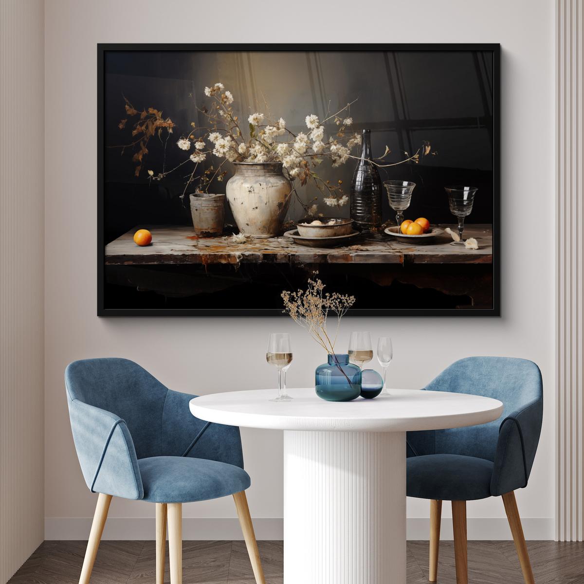 POSTER MIT RAHMENGERAHMTES BILD Stilleben - Blumen - Blumenstrauß - Vase - Wein 120x80 cm - Schwarz, Papier (120/80cm) - MuchoWow