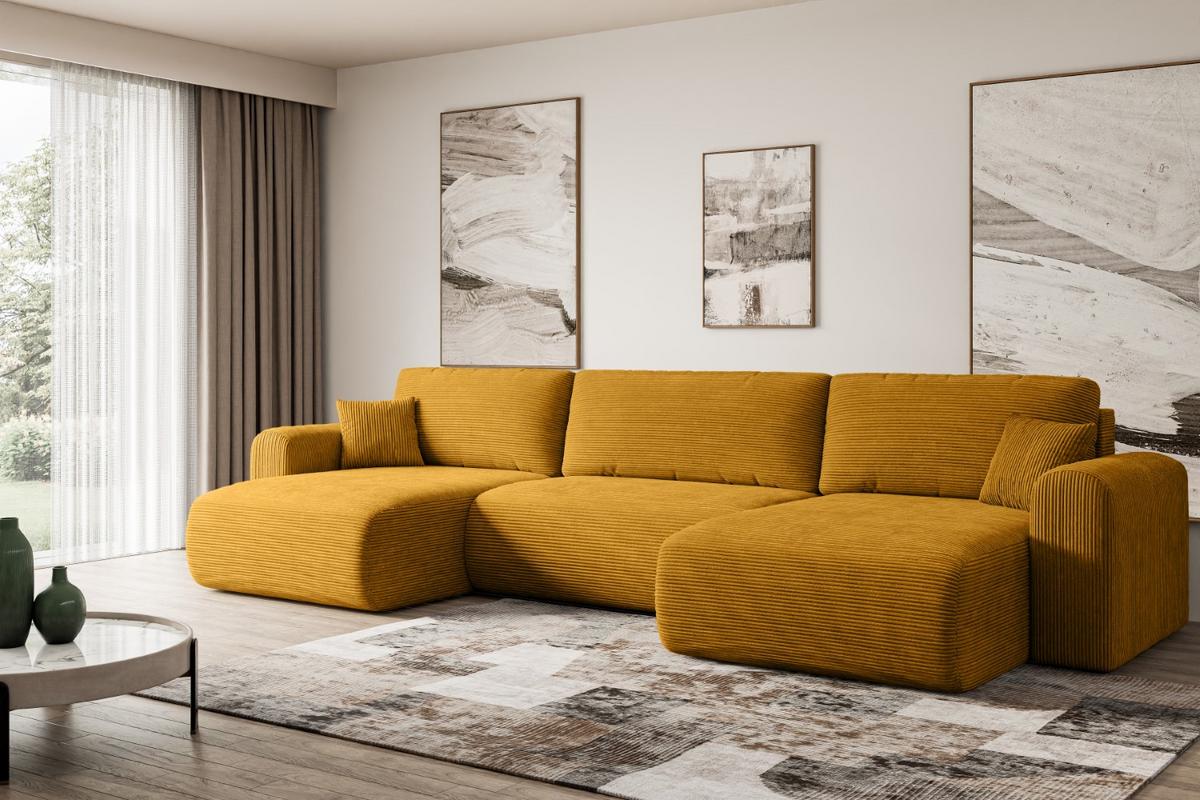 WOHNLANDSCHAFT mit Schlaffunktion und Bettkasten ORRO-U - 362x145x83 cm Senfgelb Cord - Gelb/Schwarz, Holzwerkstoff/Kunststoff (362/83/145cm) - ALTDECOR