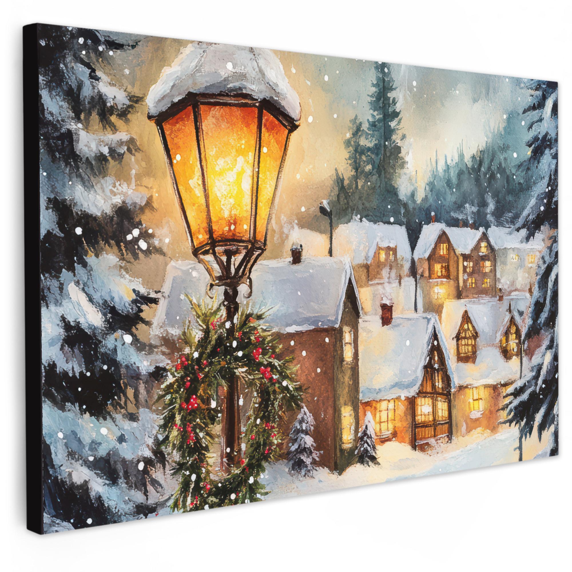 LEINWANDBILD Weihnachtsdorf - Häuser - Schnee - Weihnachten Wanddeko 90x60 cm - Sandfarben, Textil (90/60cm) - MuchoWow