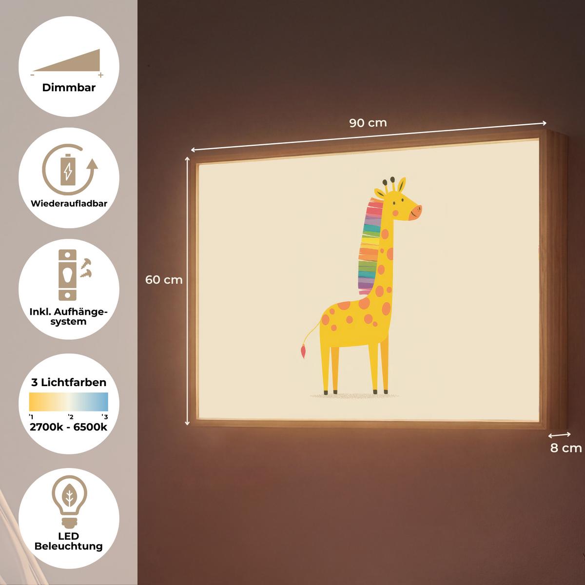 WANDLEUCHTE MIT AKKU Giraffe - Regenbogenmähne - Beige 90x60 cm - Beige, Holzwerkstoff (90/60/8cm) - OnlyWow