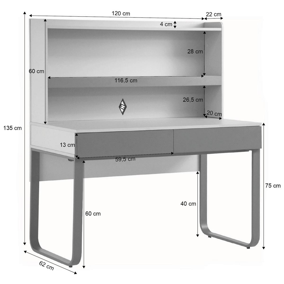SCHREIBTISCH Boreo für Jugendzimmer, mit 2 Schubladen und Aufsatz mit Regalbode, 120 cm, Kaschmir/Hellbraun - Kaschmir/Hellbraun, Metall (62/120/135cm) - Beautysofa