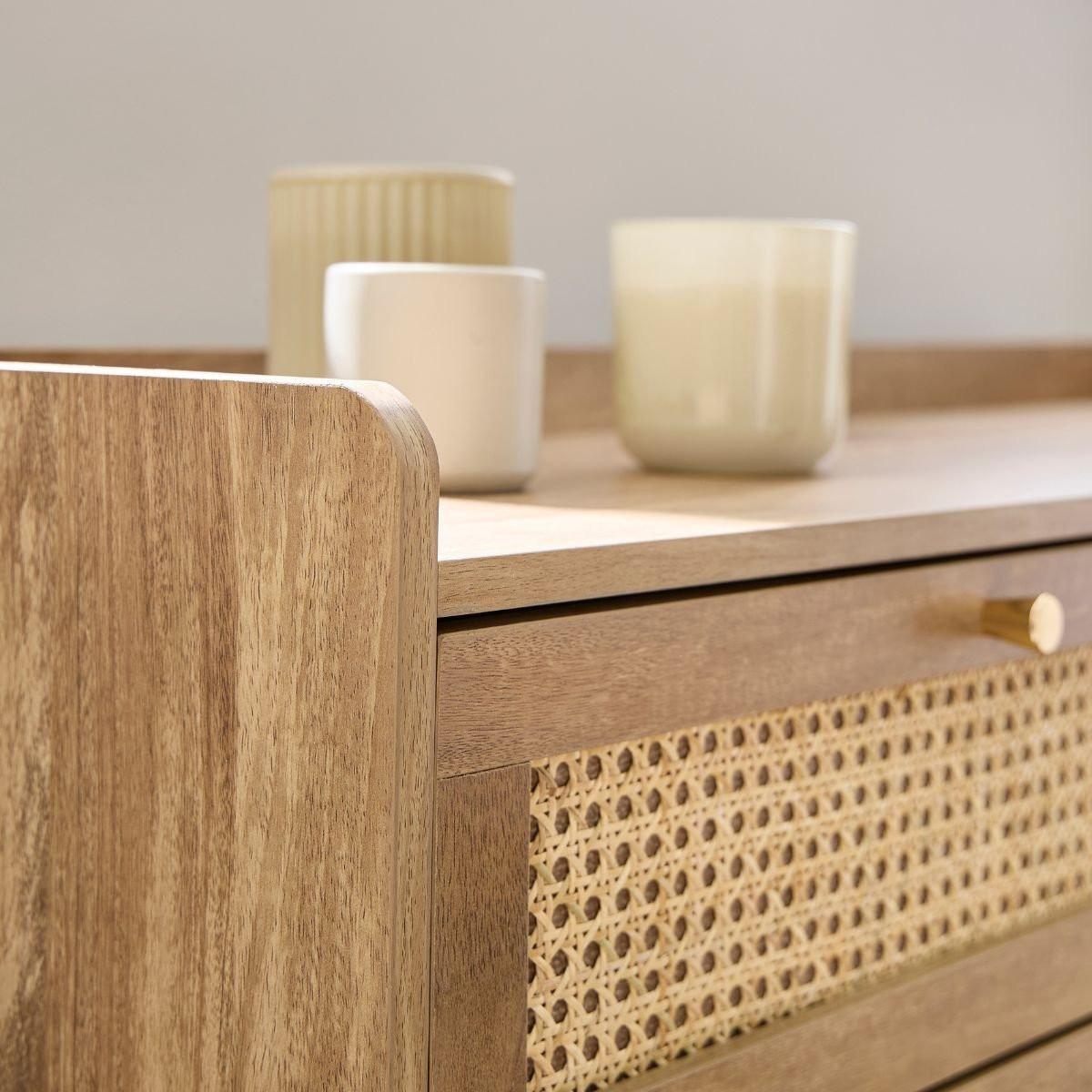 KOMMODE mit 6 schubladen mit fronten aus natürlichem rattan - PALMO 120/39/79 cm - Apfelbaumfarben, Holzwerkstoff (39/79/120cm) - Calicosy