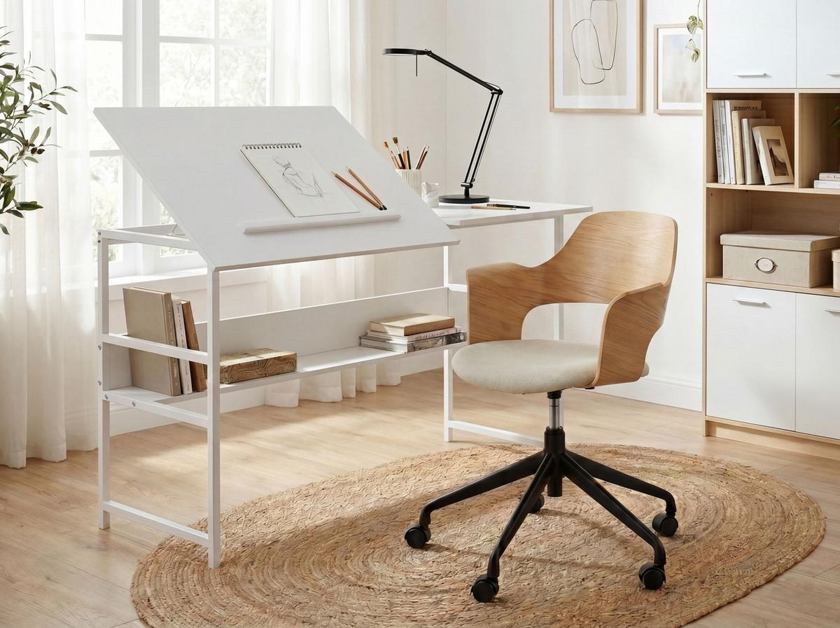 ZEICHENTISCH mit neigbarer Tischplatte Weiß 140/60 cm Oran - Weiß, Holzwerkstoff (60/140/76cm) - Beliani