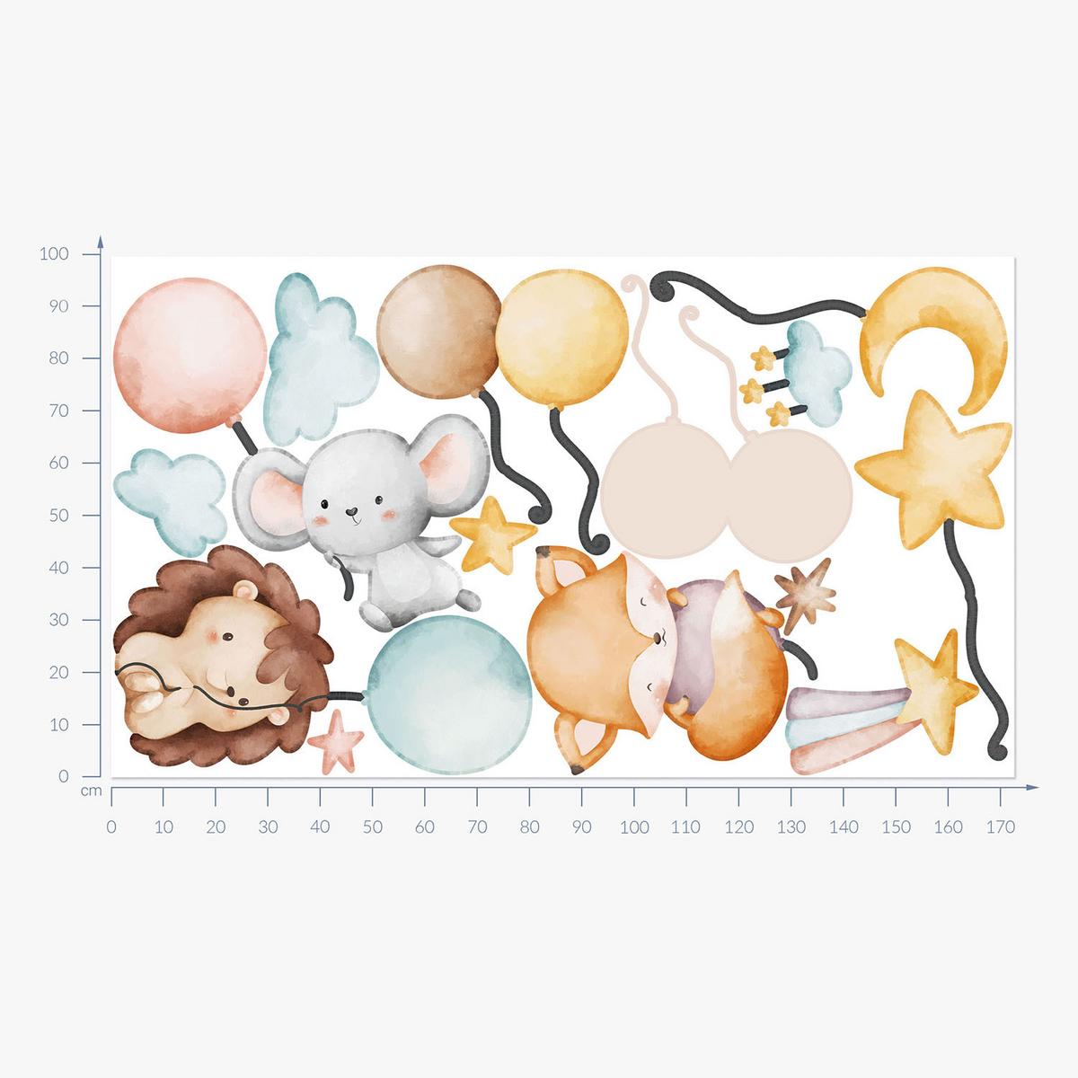 WANDAUFKLEBER 100x173cm - Tiere mit Luftballons - Multicolor, Kunststoff (100/173/0.1cm) - Wallfluent
