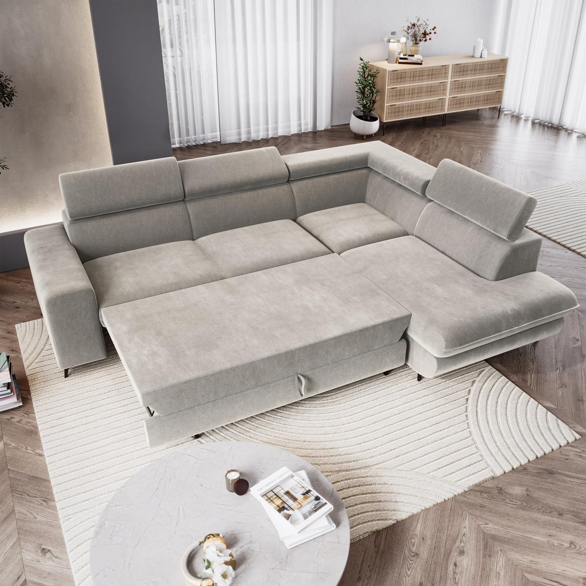 ECKSOFA VELISS Hellgrau Veloursstoff mit Schlaffunktion - Hellgrau, Holz (255/193cm) - MASSENO