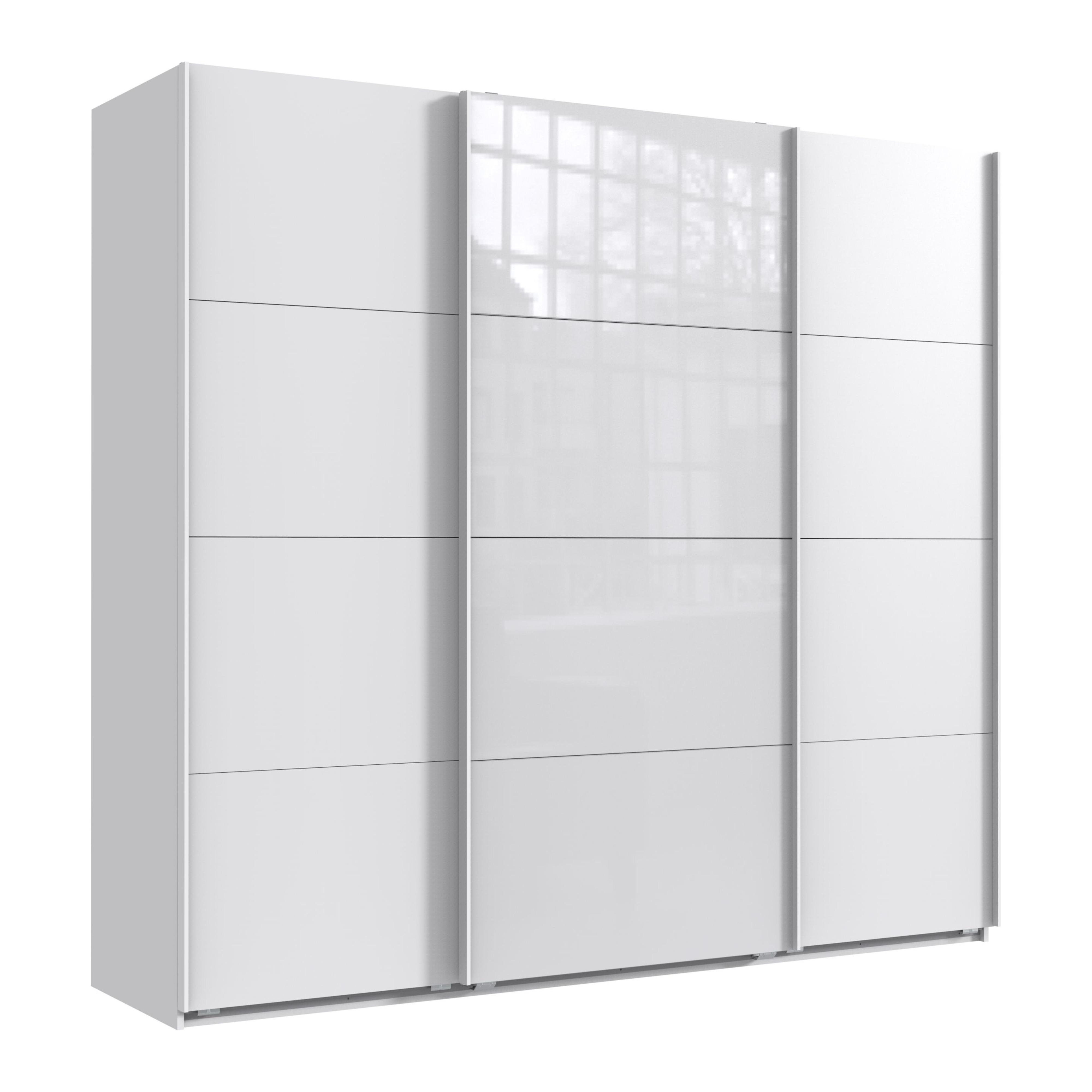 SCHWEBETÜRENSCHRANK 3-türig B225/H208/T64 cm in Weiß, Kleiderschrank mit einer Glasfront-Tür in Weiß / 22521 - Edelstahlfarben/Weiß, Holzwerkstoff/Metall (225/208/64cm) - luma-home