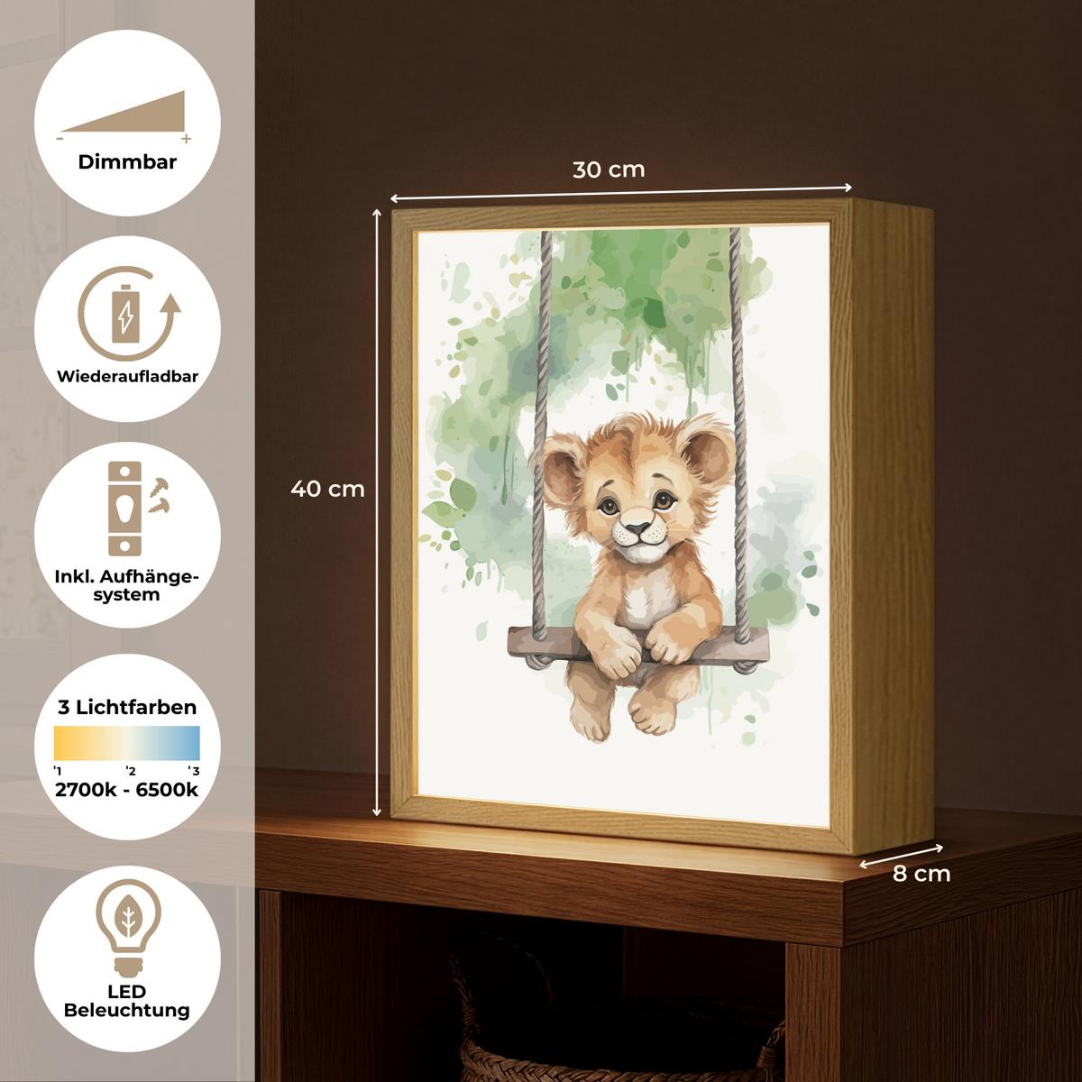 NACHTTISCHLAMPE MIT AKKU Löwe - Tier - Kinder - Dschungel 30x40 cm - Weiß, Holzwerkstoff (8/30/40cm) - OnlyWow