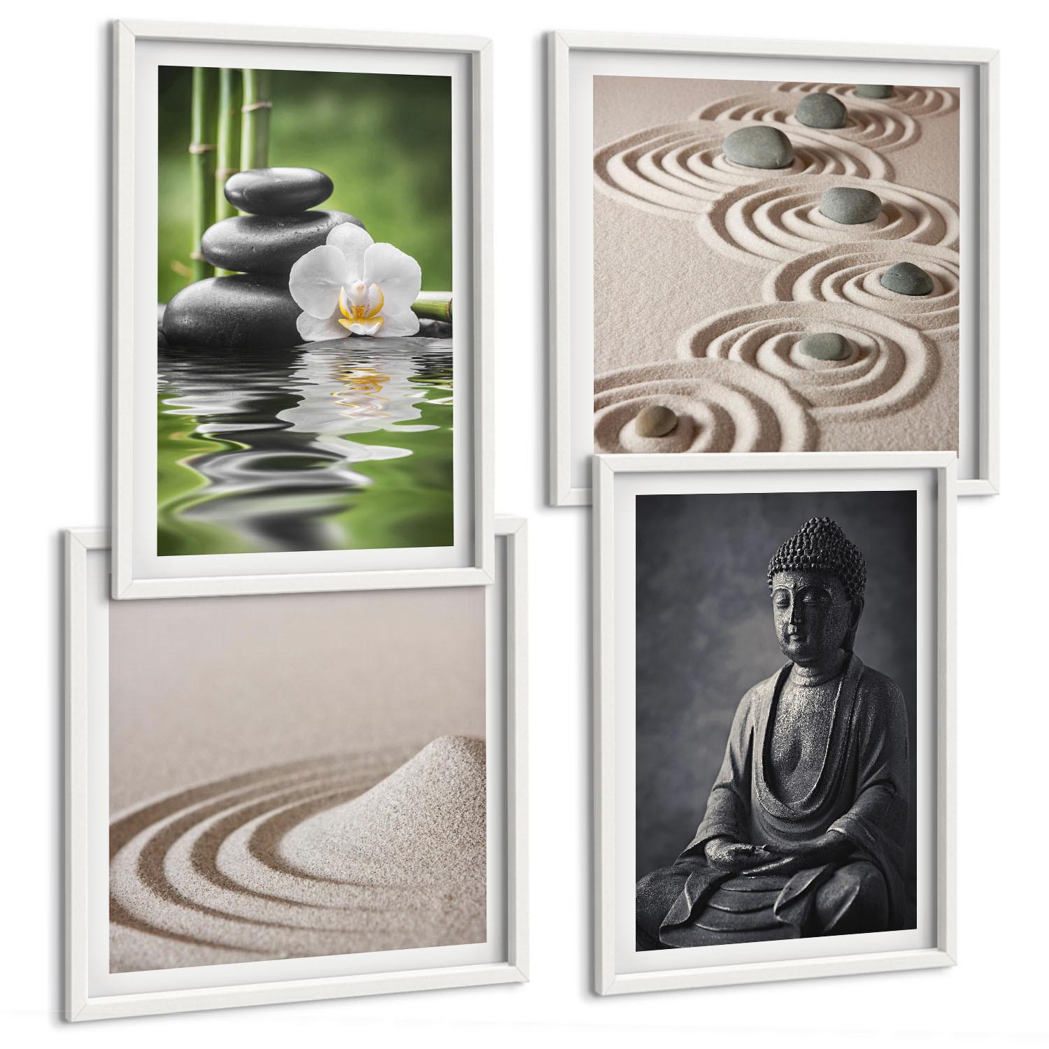 BILDER SET 4er Set - 50x50 cm & 40x60 cm Weißer Rahmen - Ein entspannter Buddha am Strand - Weiß, Kunststoff (50/50cm) - TULUP