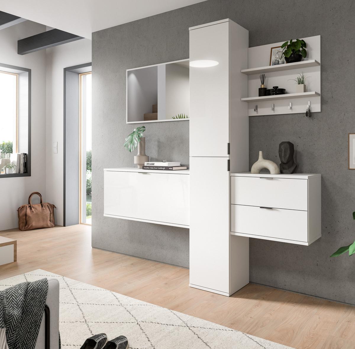 SCHUHSCHRANK weiß Hochglanz 91 cm, Kommode hängend, Flur- und Dielenmöbel - Chromfarben/Weiß Hochglanz, Holzwerkstoff/Kunststoff (91/43/34cm) - Inn.Furn