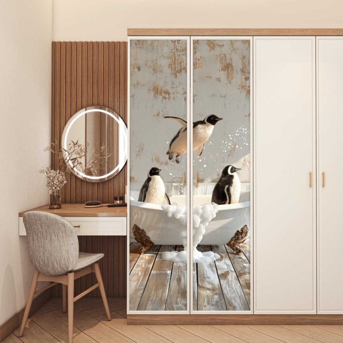 TÜRAUFKLEBER Vintage - Pinguin - Badewanne - Schaumstoff Fototapete 75x205 cm - Türtapete - Hellbraun, Kunststoff (75/0.1/205cm) - MuchoWow