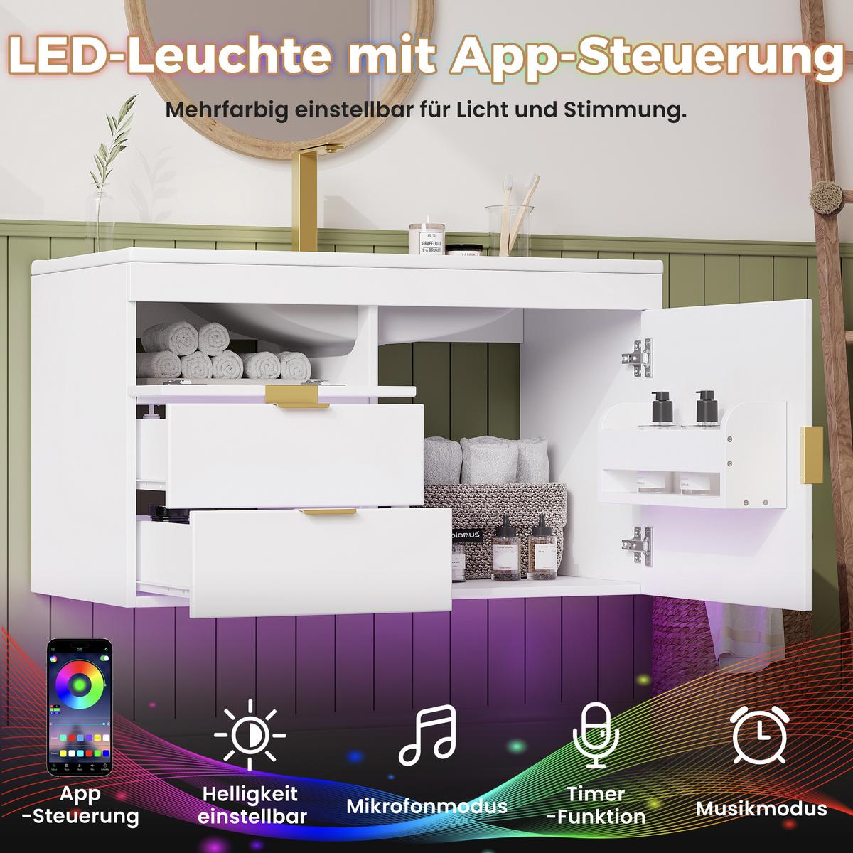 WASCHTISCH mit Unterschrank 76cm Weiß Holzoptik, LED-App & Soft-Close - Weiß, Holzwerkstoff (76/51/46cm) - Urban Meuble