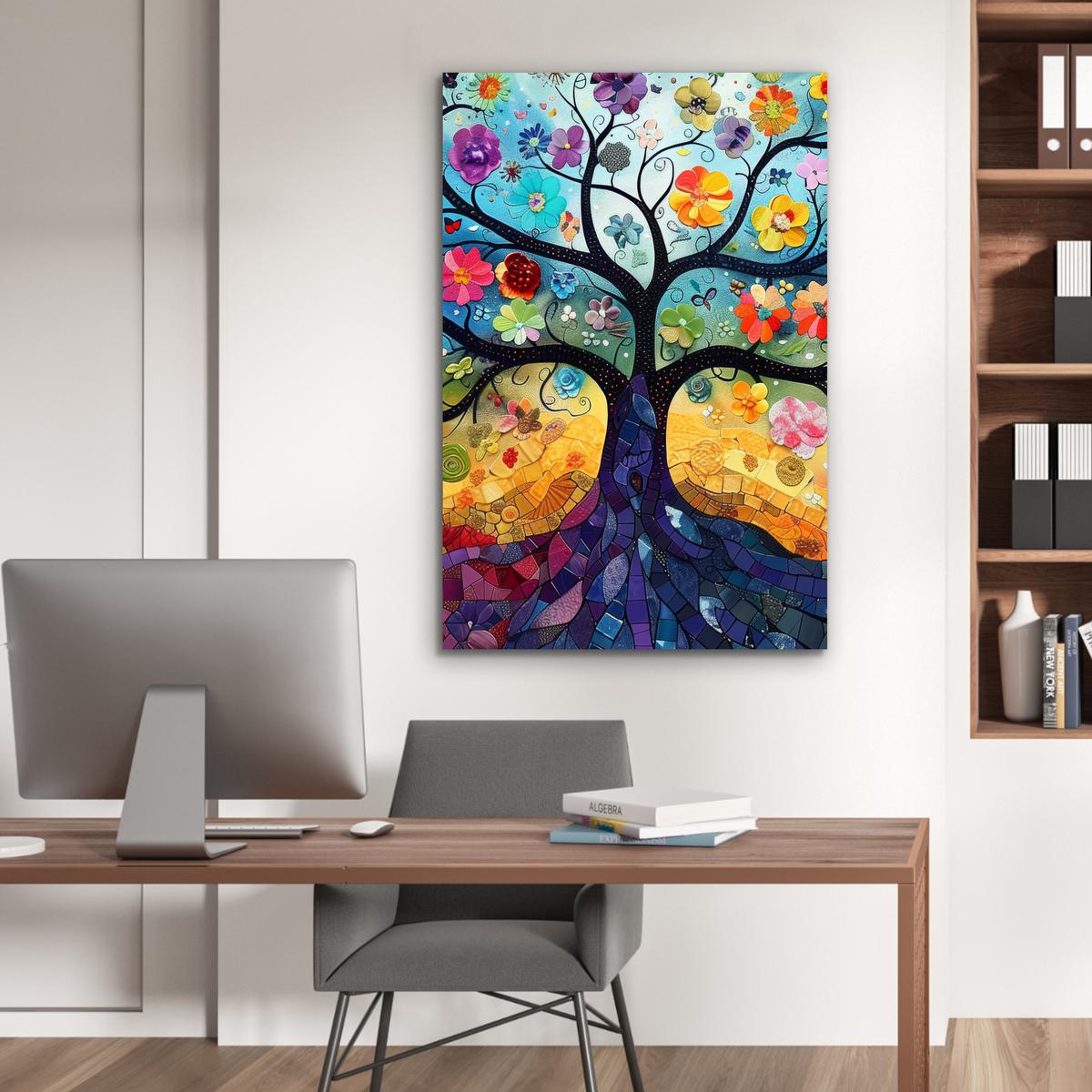 METALLBILD Kunst - Baum des Lebens - Blumen - Hippie 80x120 cm - Dunkelblau, Metall (80/120cm) - MuchoWow