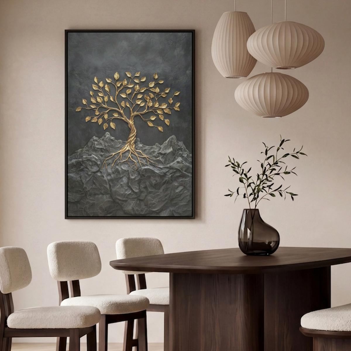 LEINWAND Bilder mit Rahmen - Blätter - Gold - Baum - Fels - 80x120 - Schwarz, Textil (80/120cm) - MuchoWow