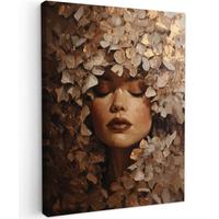 LEINWANDBILD Gesicht - Dame - Blätter - Pinselstriche Room Decor 30x40 cm - Goldfarben, Textil (30/40cm) - MuchoWow