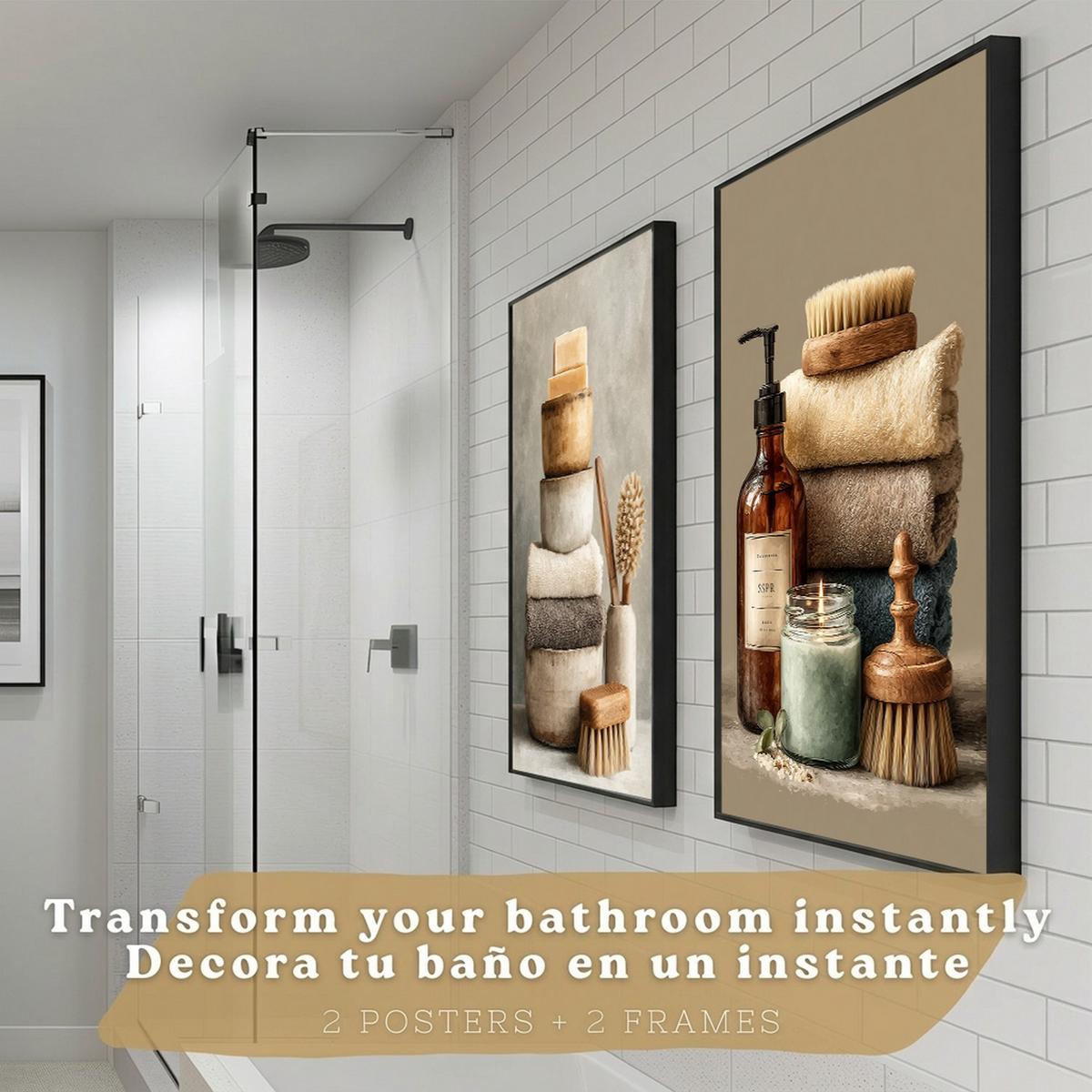 POSTER 2er-Set dekorative Badezimmer-Wandbilder und für Waschbecken, Dusche, WC mit Seifen, Handtüchern und Bürsten, Naturstil Schwarzer Rahmen A4 - Schwarz, Papier (29.7/21/3cm) - Nacnic