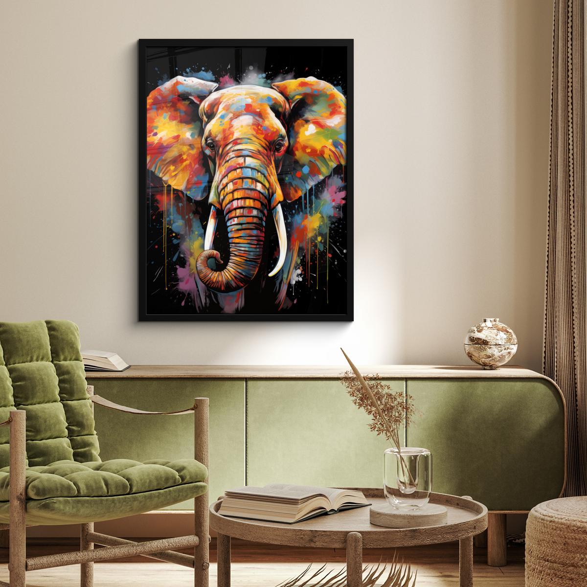 POSTER MIT RAHMEN Elefant - Graffiti - Schwarz - Tiere - Farben Posterleiste 60x80 cm - Schwarz, Papier (60/80cm) - MuchoWow