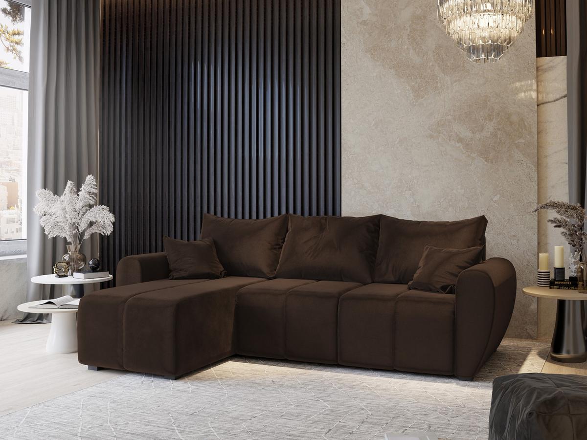 ECKSOFA MADISON Braun Plüsch-Stoff mit Schlaffunktion - Schwarz/Braun, Holz/Kunststoff (246/143cm) - MASSENO
