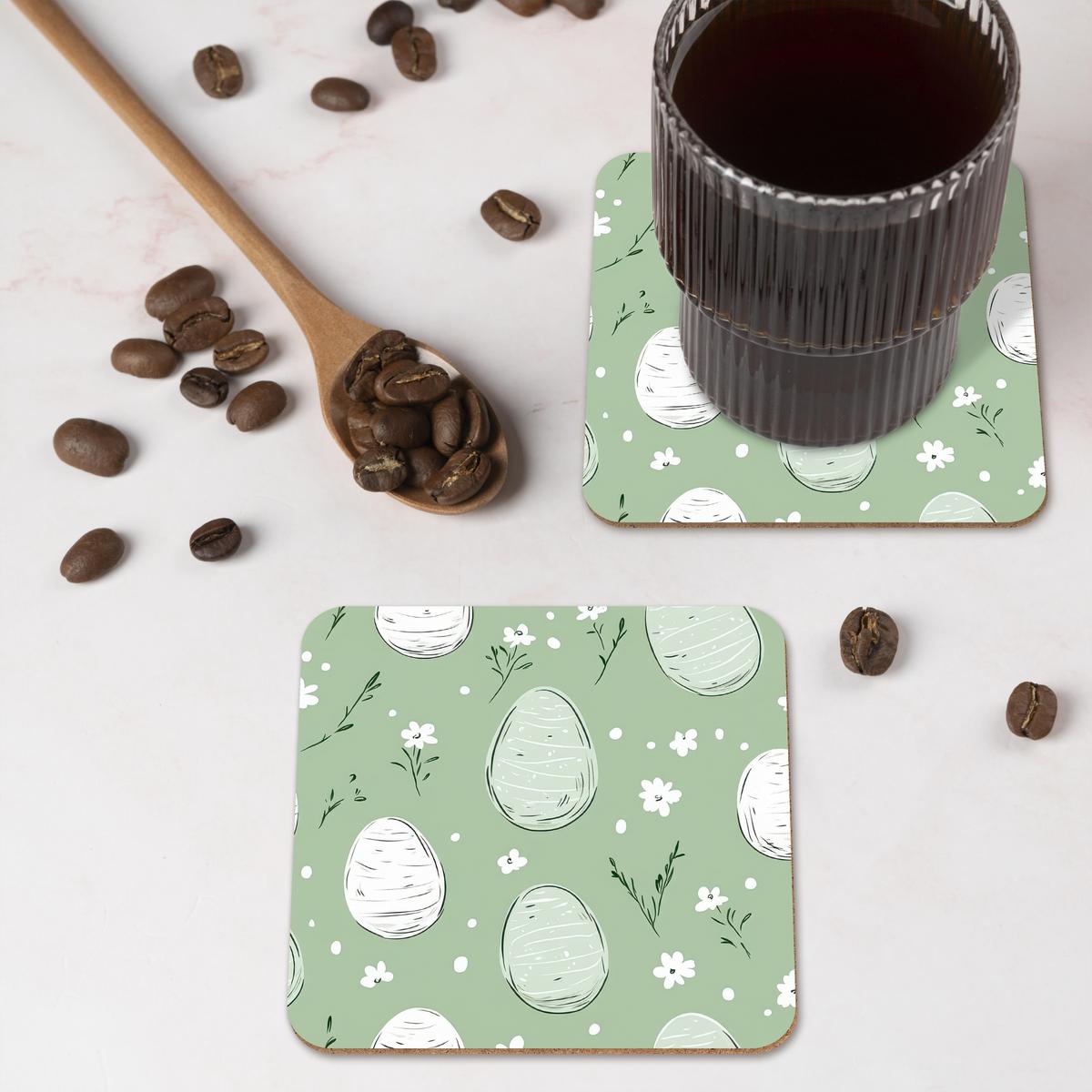 GLASUNTERSETZER 6er-Set Grün - Eier - Muster Tischset für Gläser 10x10 cm - Hellgrün, Naturmaterialien (10/0.2cm) - MuchoWow