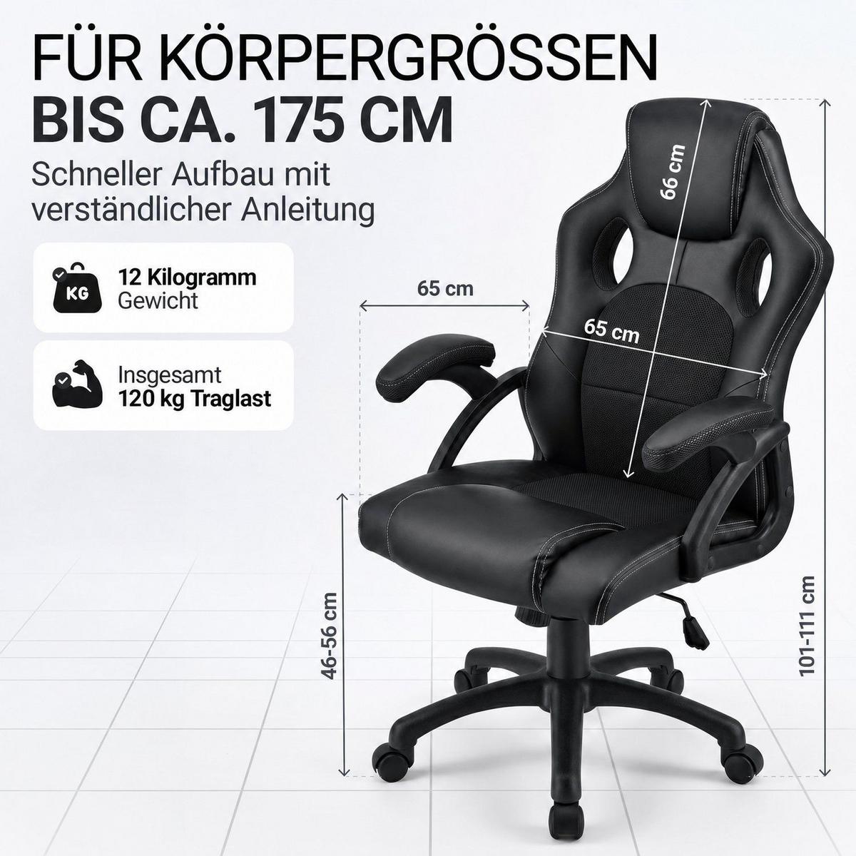 SCHREIBTISCHSTUHL Montreal Schwarz - Schwarz, Textil (47/111/52cm) - Juskys