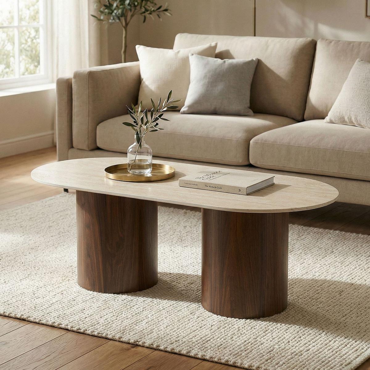 COUCHTISCH REALM Travertin - Beige/Nussbaumfarben, Holzwerkstoff (60/120/45cm) - IDIMEX