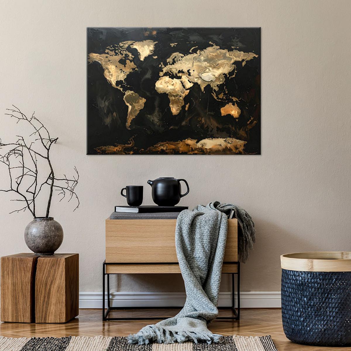 BILD auf Leinwand, Goldene Weltkarte auf schwarzem Hintergrund - Schwarz, Textil (45/30cm) - Feeby