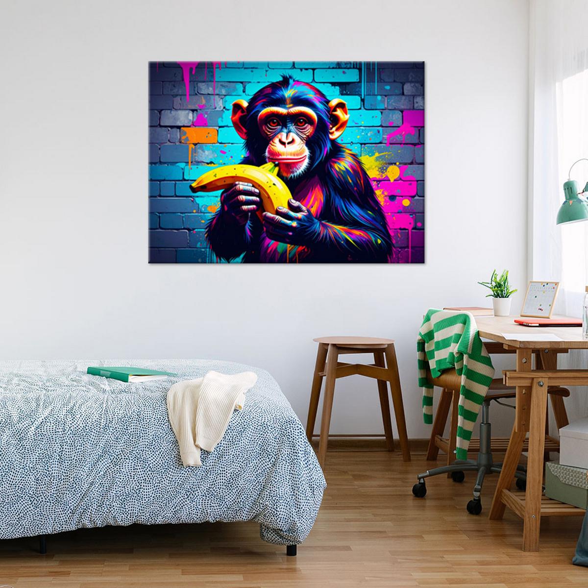 LEINWANDBILD Abstrakt Affe mit Banane Graffiti 120x80cm - Multicolor, Textil (120/80cm) - Feeby