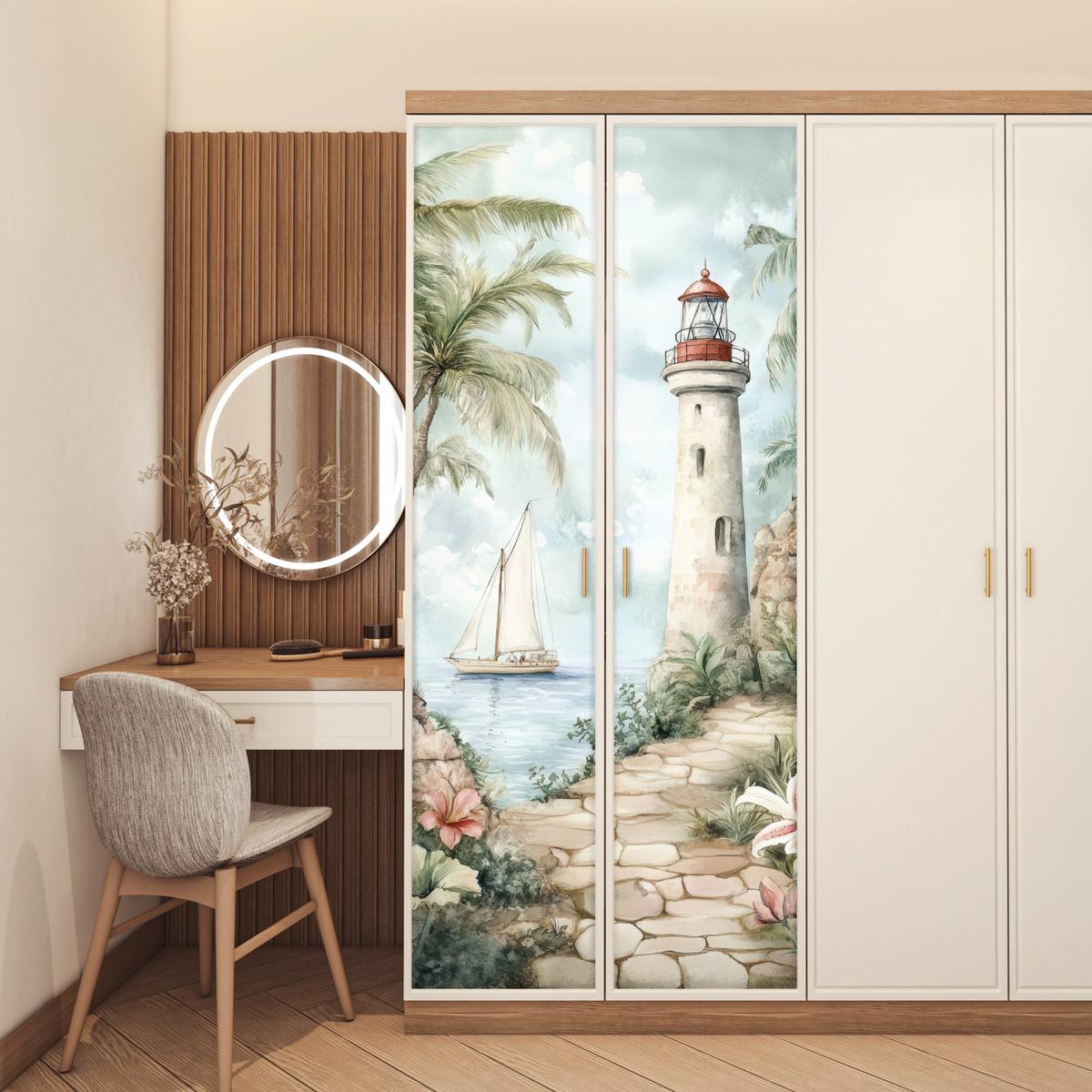 TÜRAUFKLEBER Leuchtturm - Natur - Landschaft - Boot Room Decor 85x205 cm - Türtapete - Eichefarben, Kunststoff (85/0.1cm) - MuchoWow