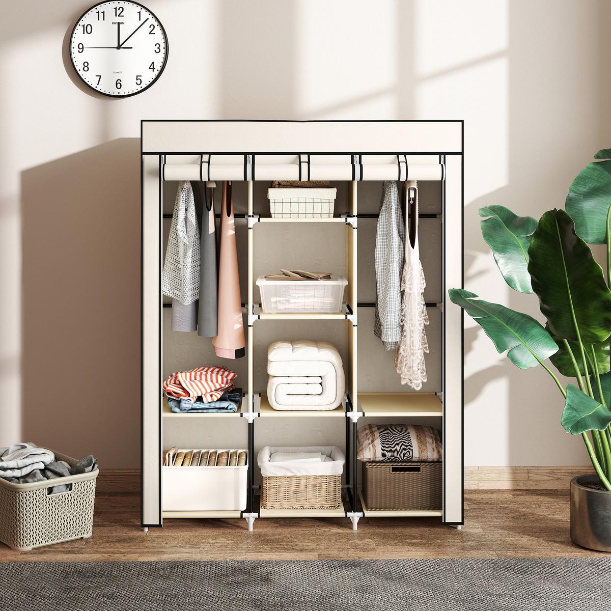 STOFFSCHRANK, Faltschrank, Kleiderschrank mit Kleiderstangen, 8 Ebenen Cremeweiß - Weiß, Metall (43/162.5/125cm) - HOMCOM