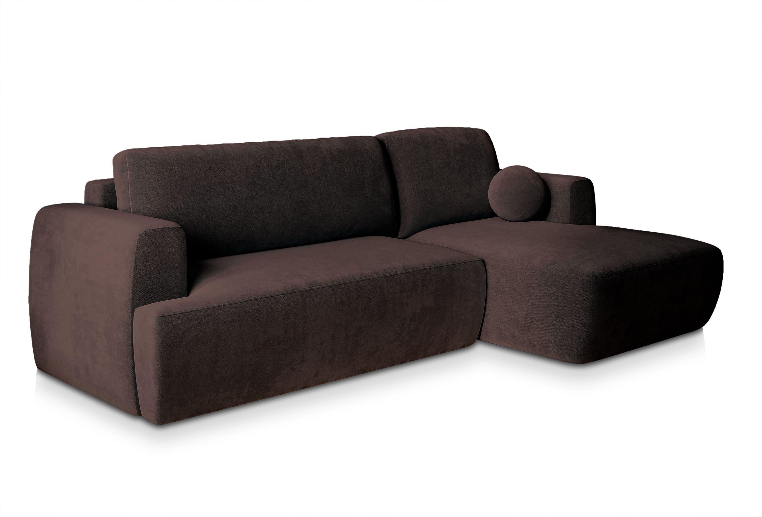 ECKSOFA SENTI K R-S Braun Plüsch-Stoff mit Schlaffunktion - Schwarz/Braun, Holz/Kunststoff (246/148cm) - MASSENO