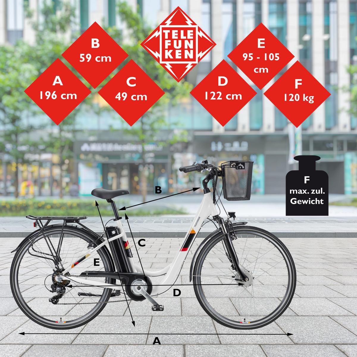 E-BIKE Cityrad Multitalent RC822 Für Damen u. Herren 374,4 Wh Frontmotor 7-Gang-Kettenschaltung 28 Zoll - Weiß, Metall (114.5cm) - Telefunken