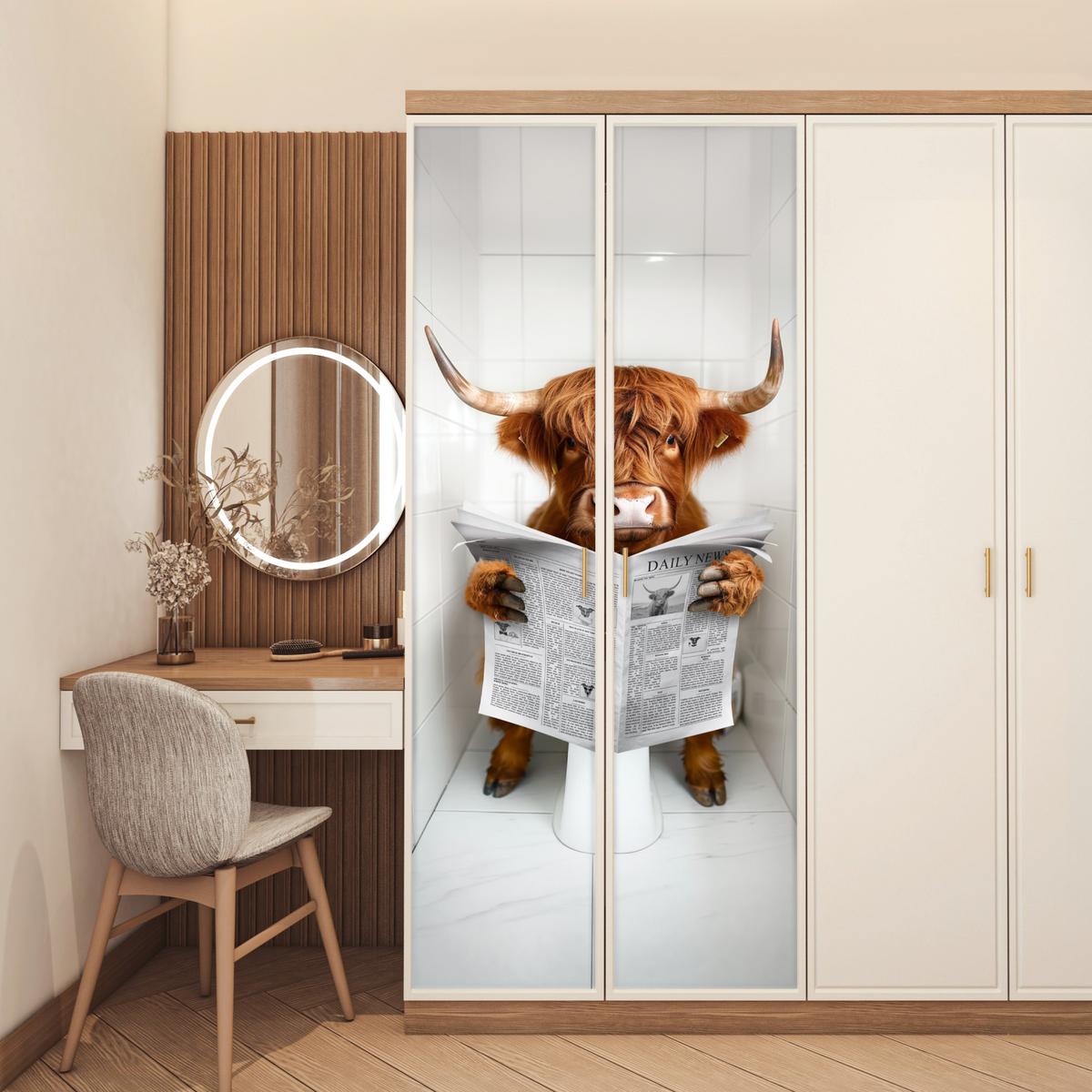 TÜRAUFKLEBER Scottish Highlander - Zeitung - WC - Tier Fototapete 75x205 cm - Türtapete - Weiß, Kunststoff (75/0.1/205cm) - MuchoWow