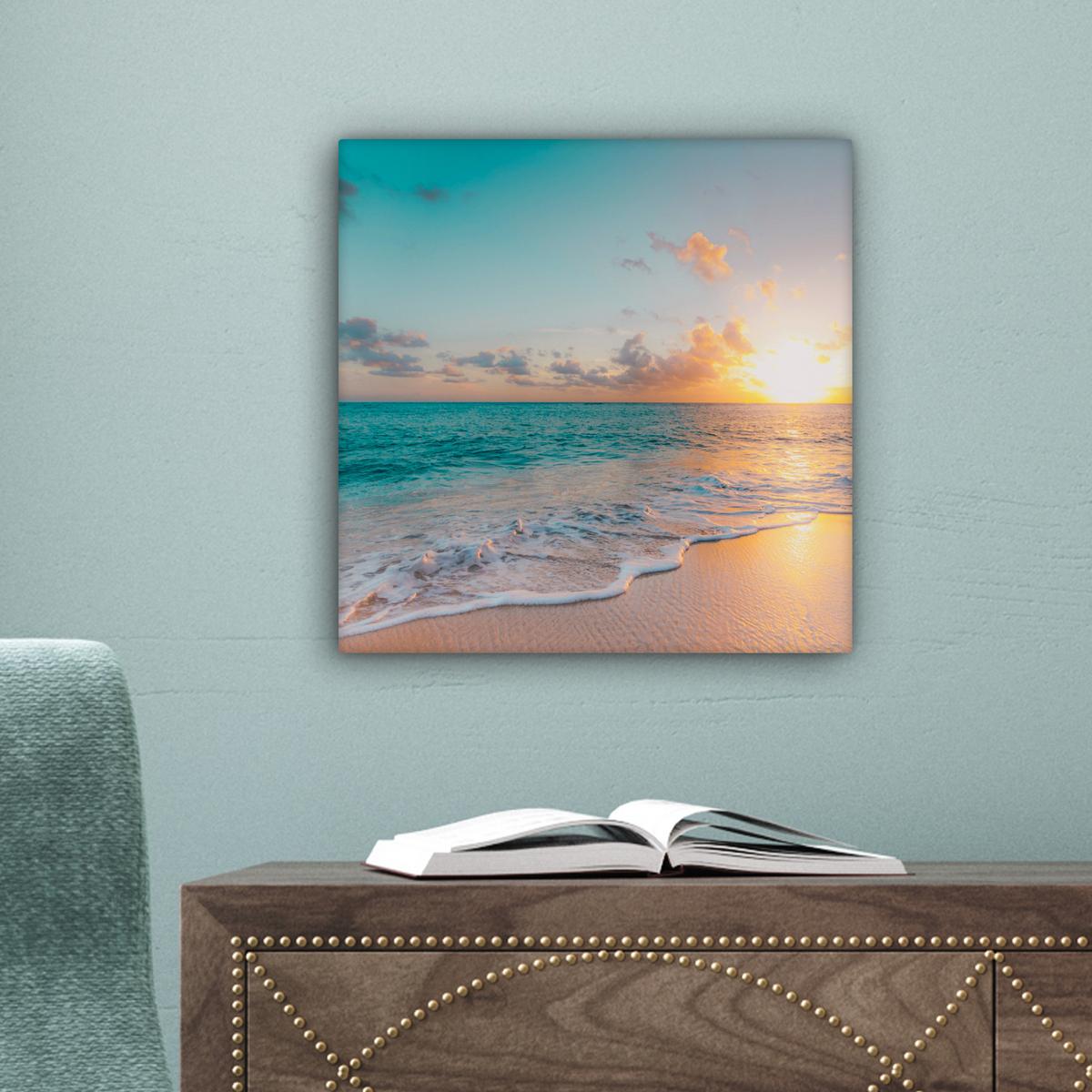 LEINWANDBILD Sonnenuntergang - Strand - Meer - Sommer - Blau Deko Wohnzimmer 20x20 cm - Multicolor, Textil (20/20cm) - MuchoWow