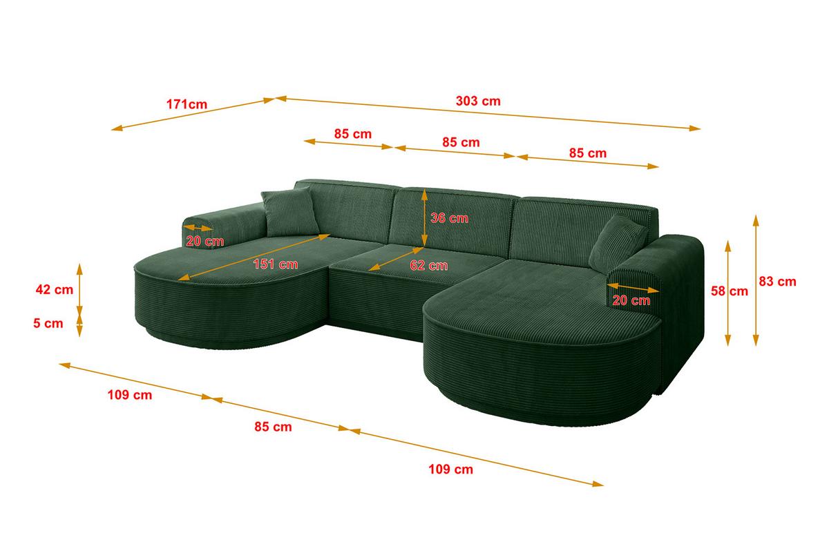 WOHNLANDSCHAFT MARI-U1-v3 - 303x171x83 cm Grün Cord - Schwarz/Grün, Holzwerkstoff/Kunststoff (303/83/171cm) - ALTDECOR