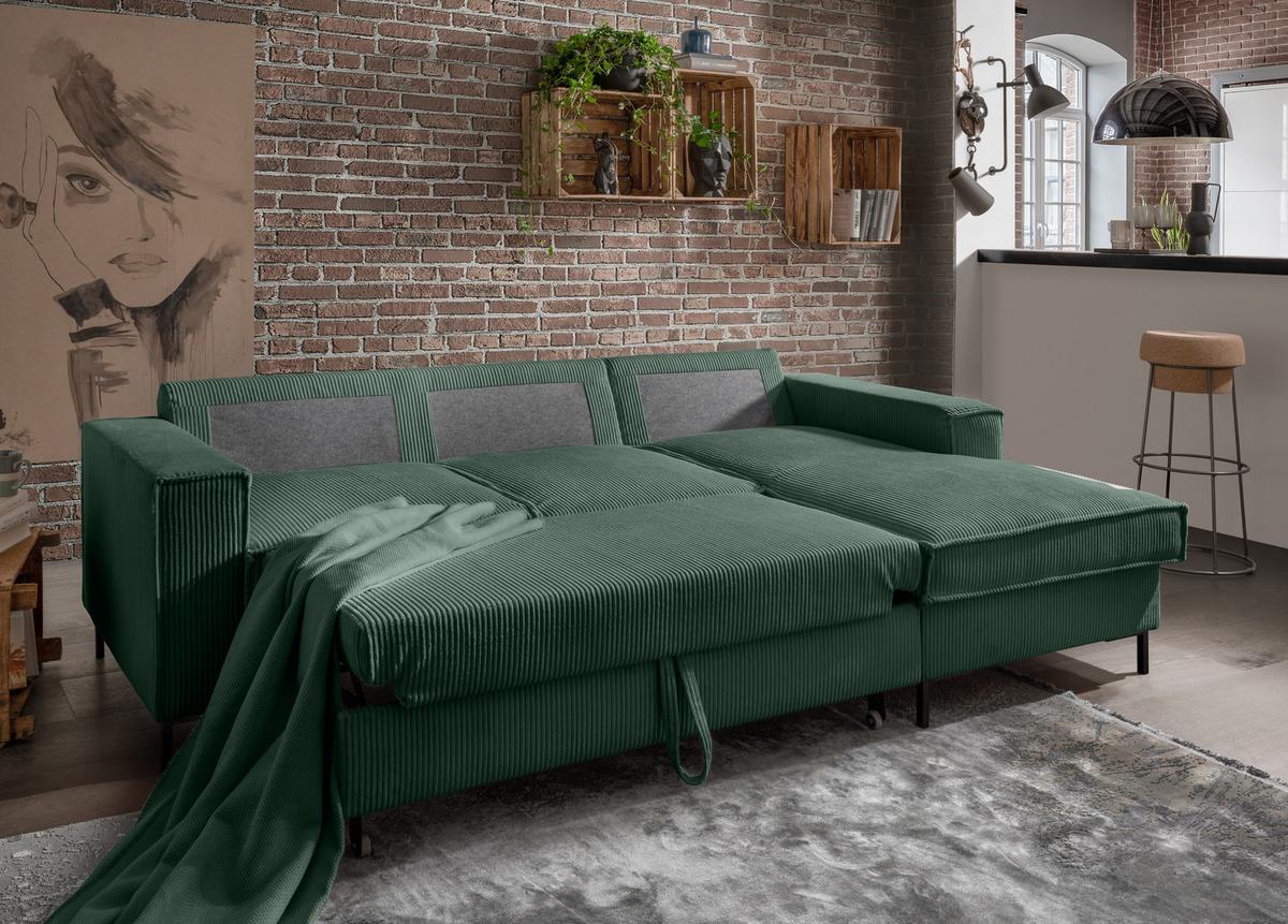 ECKSOFA mit Schlaffunktion, Bettkasten, Wellenunterfederung, Récamiere rechts B240/T150/H92 cm, Liegefl. 125x198 cm, Cord Grün / 17221 - Waldgrün/Schwarz, Textil/Metall (240/150cm) - luma-home
