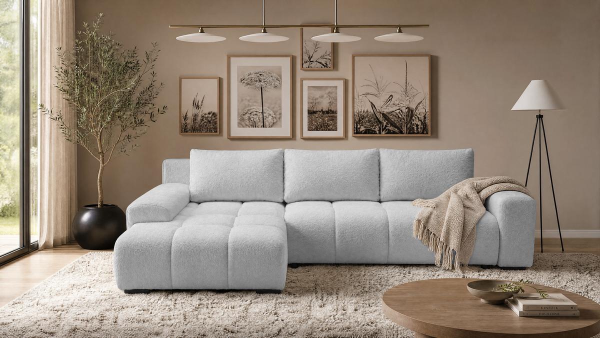 ECKSOFA Ovia mit Bettkasten und Schlaffunktion, Bouclé-Stoff in L-Form - Hellgrau, Textil (270/185cm)