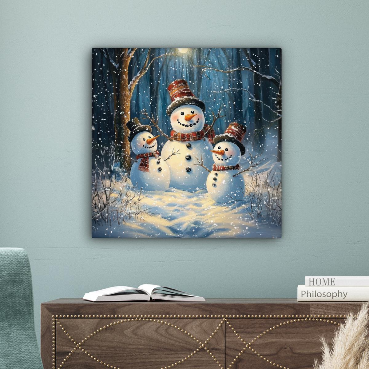 LEINWANDBILD Schneemann - Schnee - Winter - Wald Wandbild Wohnzimmer 50x50 cm - Hellblau, Textil (50/50cm) - MuchoWow