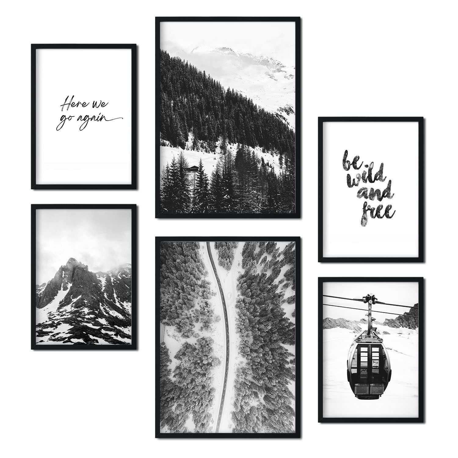 POSTER Set Mit 6 Schwarzweiß Berg Wandbild A3 & A4 Rahmenlos - Klar, Papier (29/3cm) - Nacnic