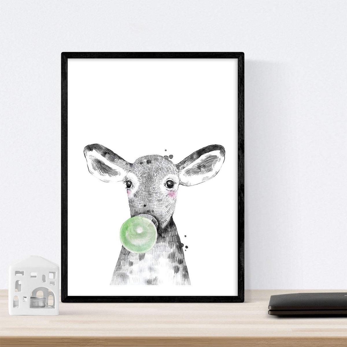 POSTER Set Mit 6 Tiere Babys Mit Kaugummi Schweinefleischkaninchenkuh Zorro Eule Hund - Schwarz, Papier (29/3cm) - Nacnic