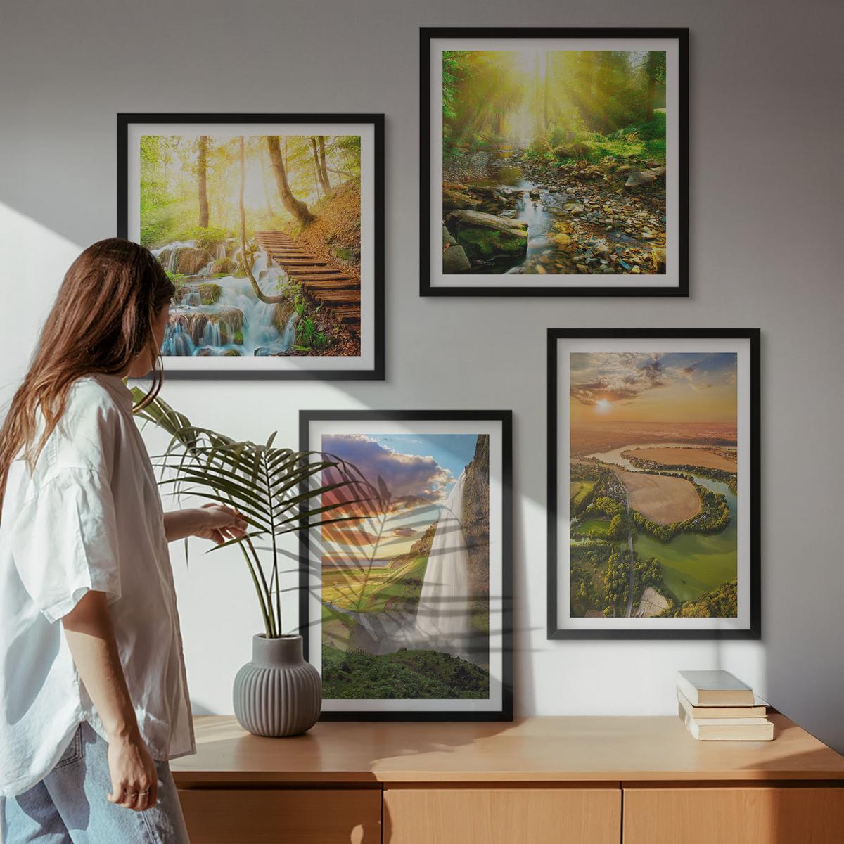 BILDER SET 4er Set - 50x50 cm & 40x60 cm Schwarzer Rahmen - Orange Mountain Wasserfall - Schwarz, Kunststoff (50/50cm) - TULUP
