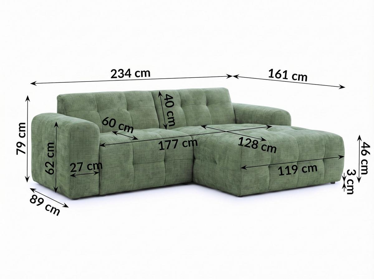 ECKSOFA mit Ottomane rechts, raffinierten Steppungen, Wellenunterfederung, B234/T161/H79 cm, Chenille-Bezug in Grün / 21039 - Schwarz/Grün, Kunststoff/Textil (234/79/161cm) - luma-home