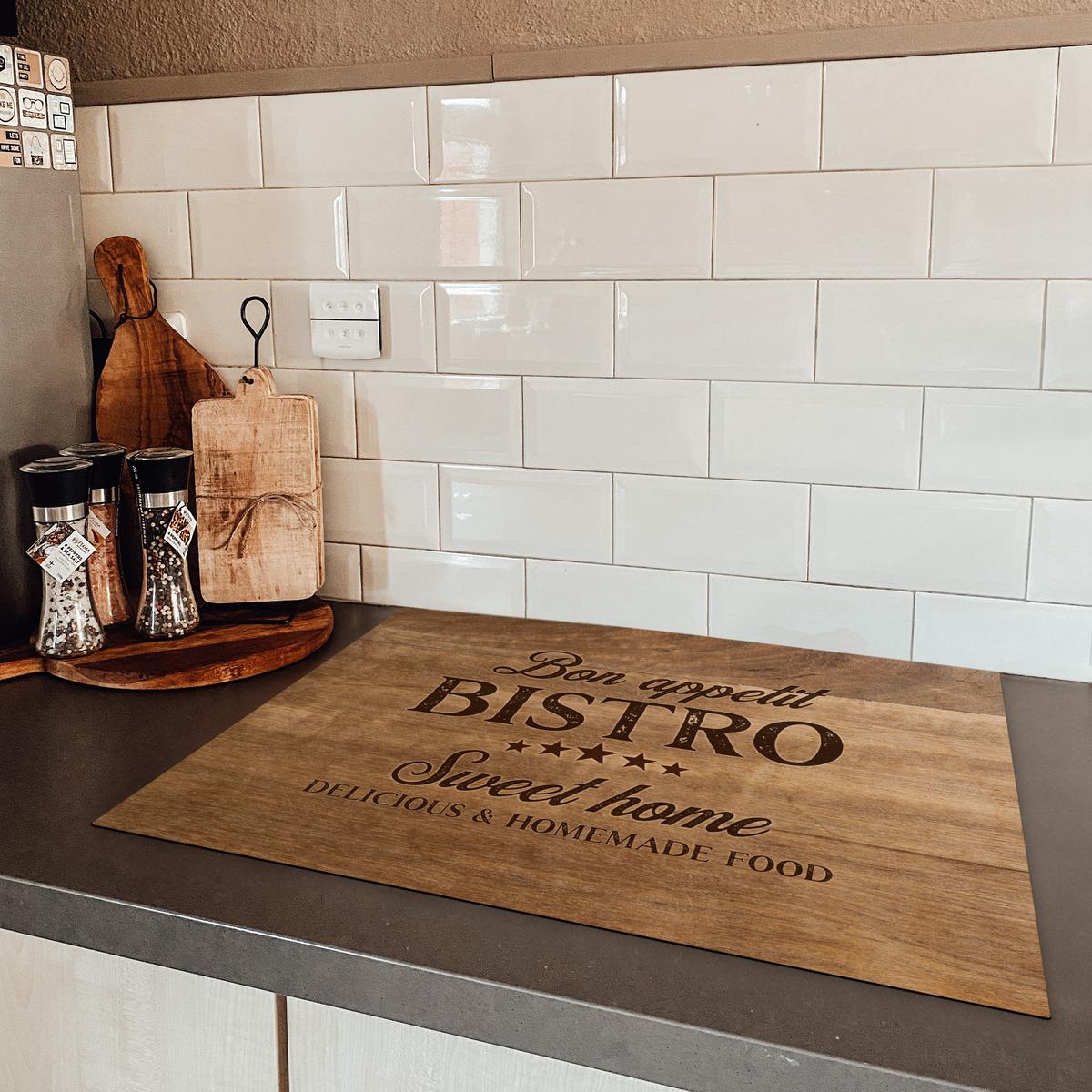 HERDABDECKPLATTE Zitat - Bistro - Guten Appetit - Süßes Zuhause - Holzmaserung Herdabdeckung Induktionsfeld 70x52 cm - Braun, Kunststoff (70/52/0.2cm) - MuchoWow