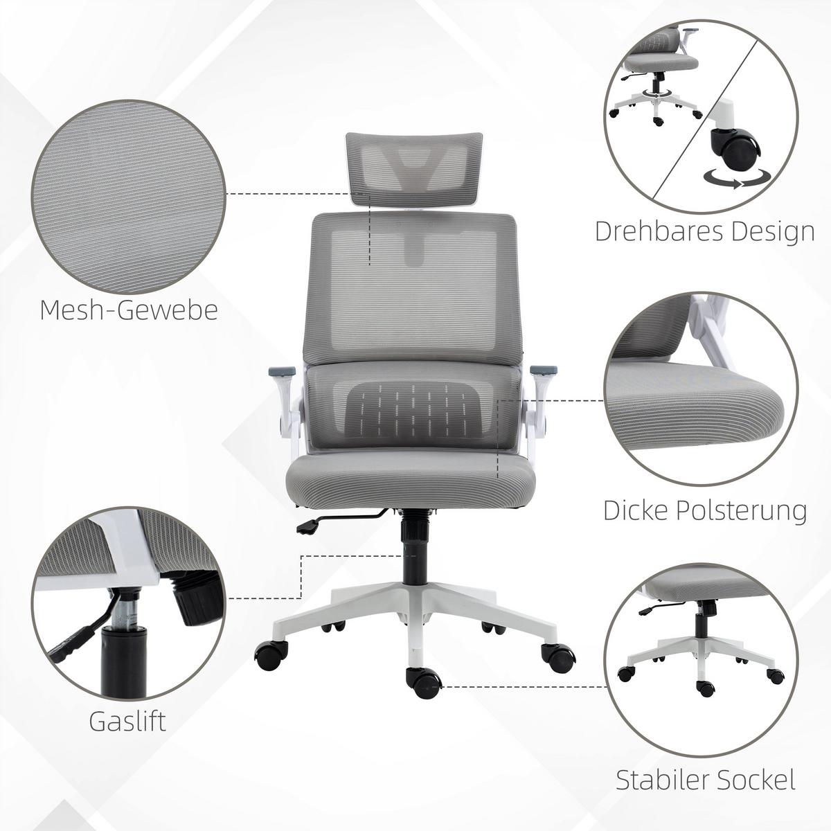 BÜROSTUHL Ergonomisch, Schreibtischstuhl mit Verstellbar Kopfstütze Mesh, Grau - Grau, Textil (61/121.5/60cm) - Vinsetto