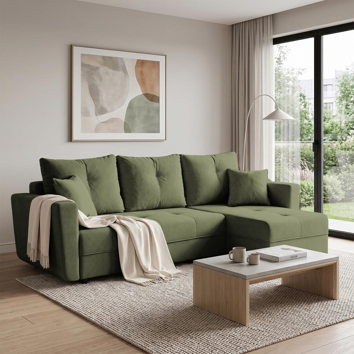 ECKSCHLAFSOFA Verona mit Bettkasten und universeller Ottomane 240 cm, Olivgrün - Olivgrün, Textil (240/148cm) - Beautysofa