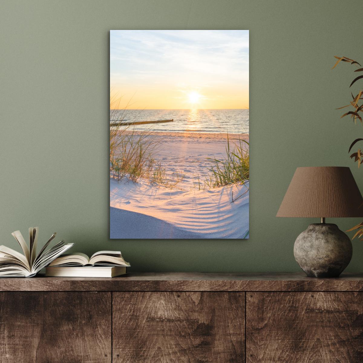 METALLBILD Strand - Sonne - Düne - Gras - Sand - Horizont Deko Schlafzimmer 40x60 cm - Hellblau, Metall (40/60cm) - MuchoWow