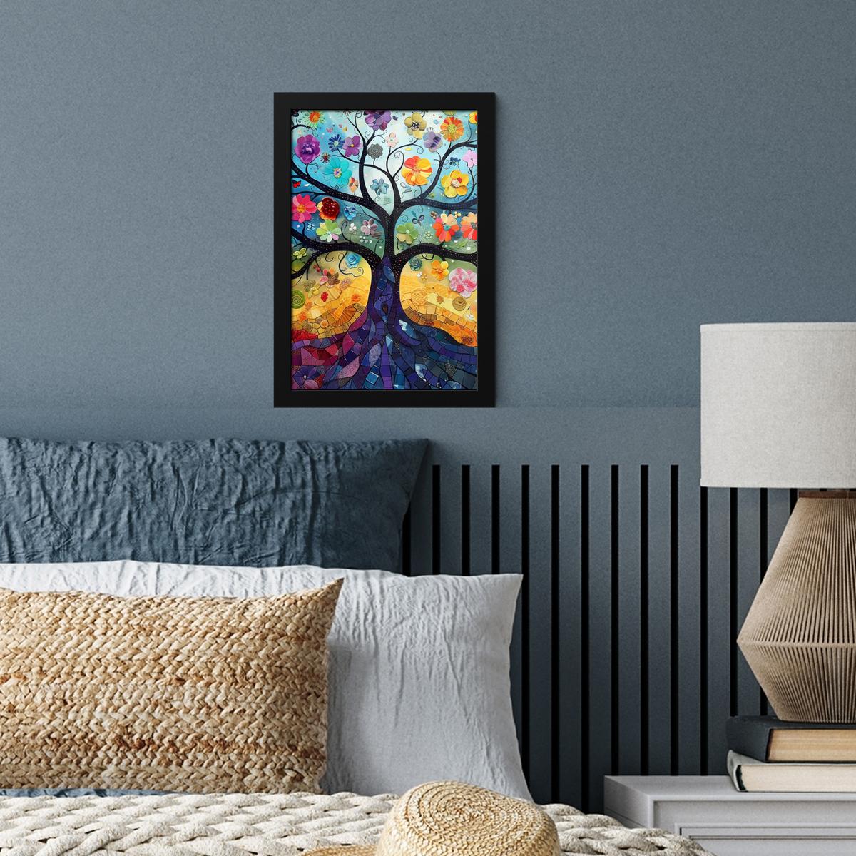 POSTER MIT RAHMEN Kunst - Baum des Lebens - Blumen - Hippie Poster 20x30 cm - Dunkelblau, Papier (20/30cm) - MuchoWow