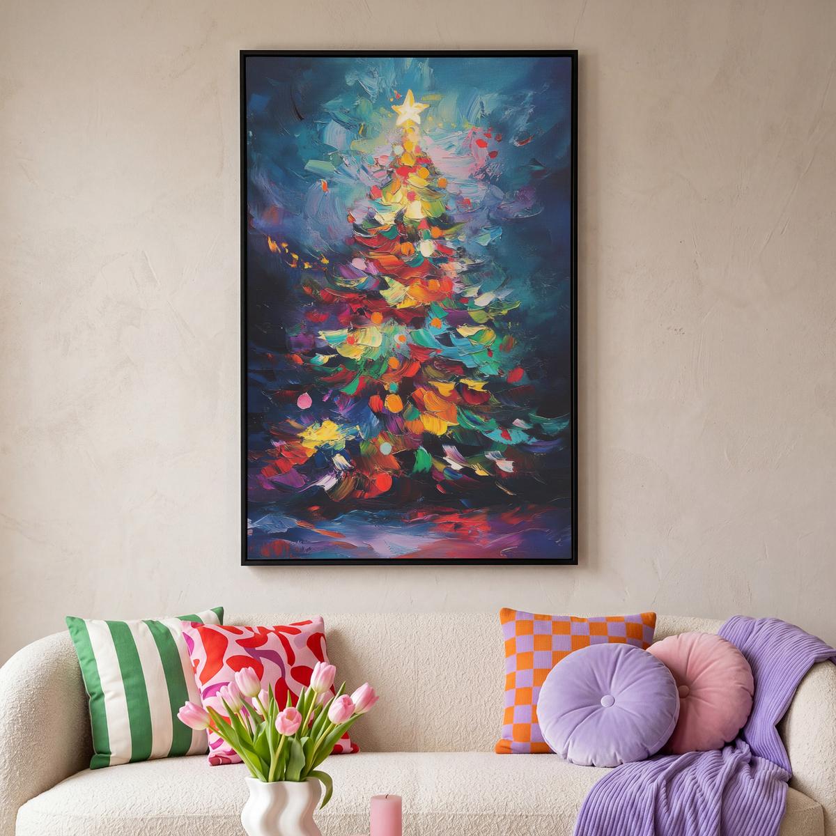 LEINWAND Bilder mit Rahmen - Weihnachtsbaum - Weihnachten - Abstrakt - Farbenfroh - 90x140 - Multicolor, Textil (90/140cm) - MuchoWow