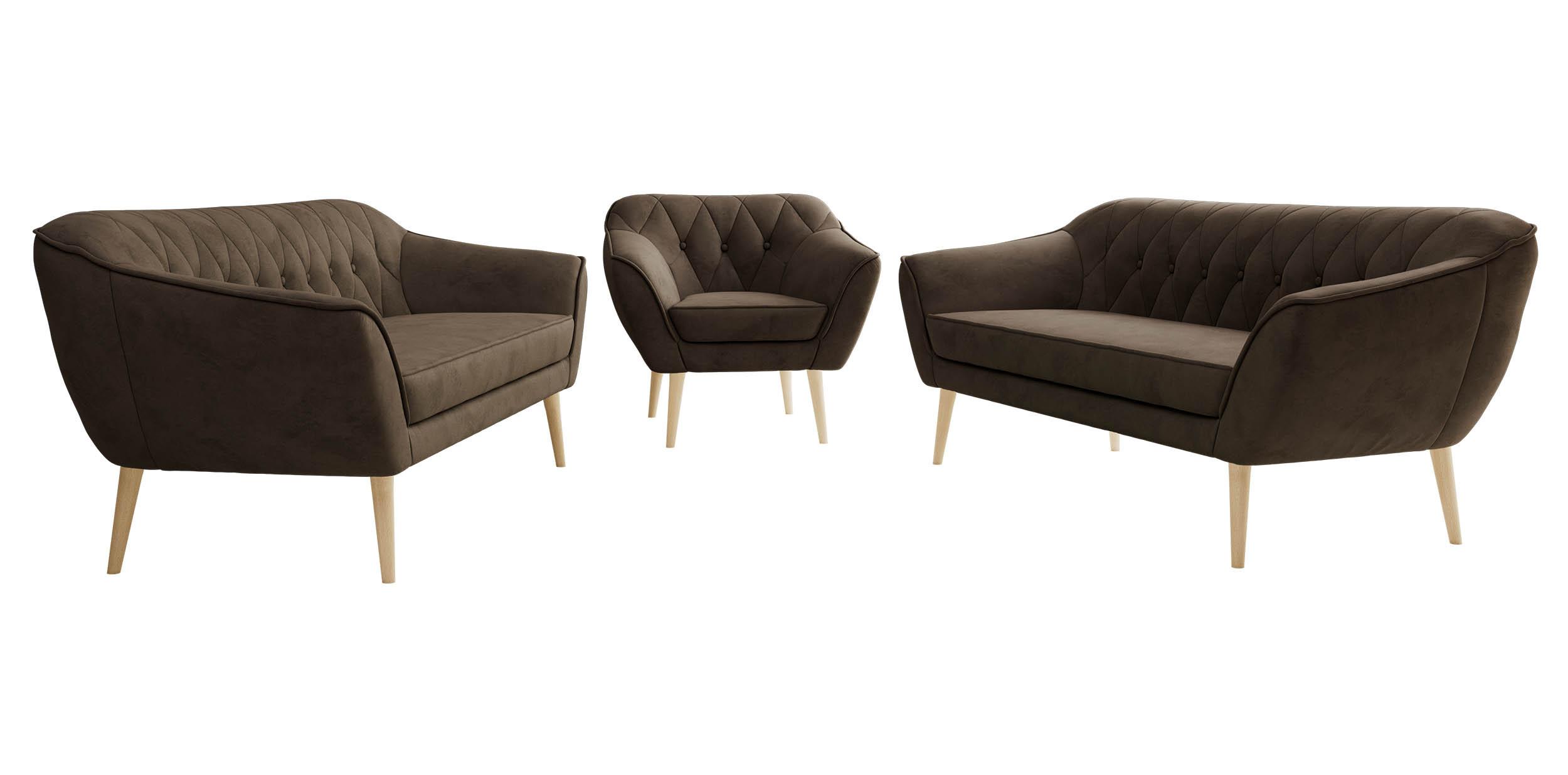 SITZGARNITUR PIRS 3+3+1 - Braun Velvet - Holzbeine - Dunkelbraun/Buchefarben, Holzwerkstoff/Textil (180/75/74cm) - MKS