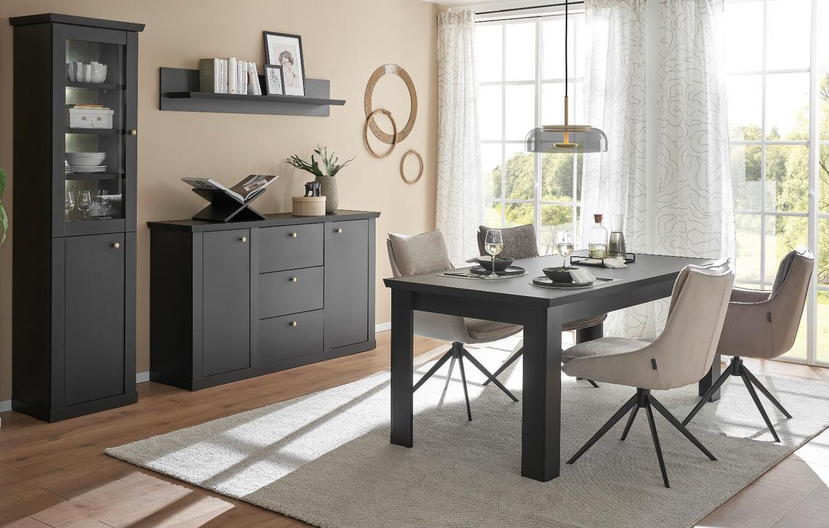SIDEBOARD schwarz matt, Eiche Landhaus 158 cm, Kommode mit Soft-Close - Eichefarben/Messingfarben, Holzwerkstoff/Metall (158/92/42cm) - Furn.Design